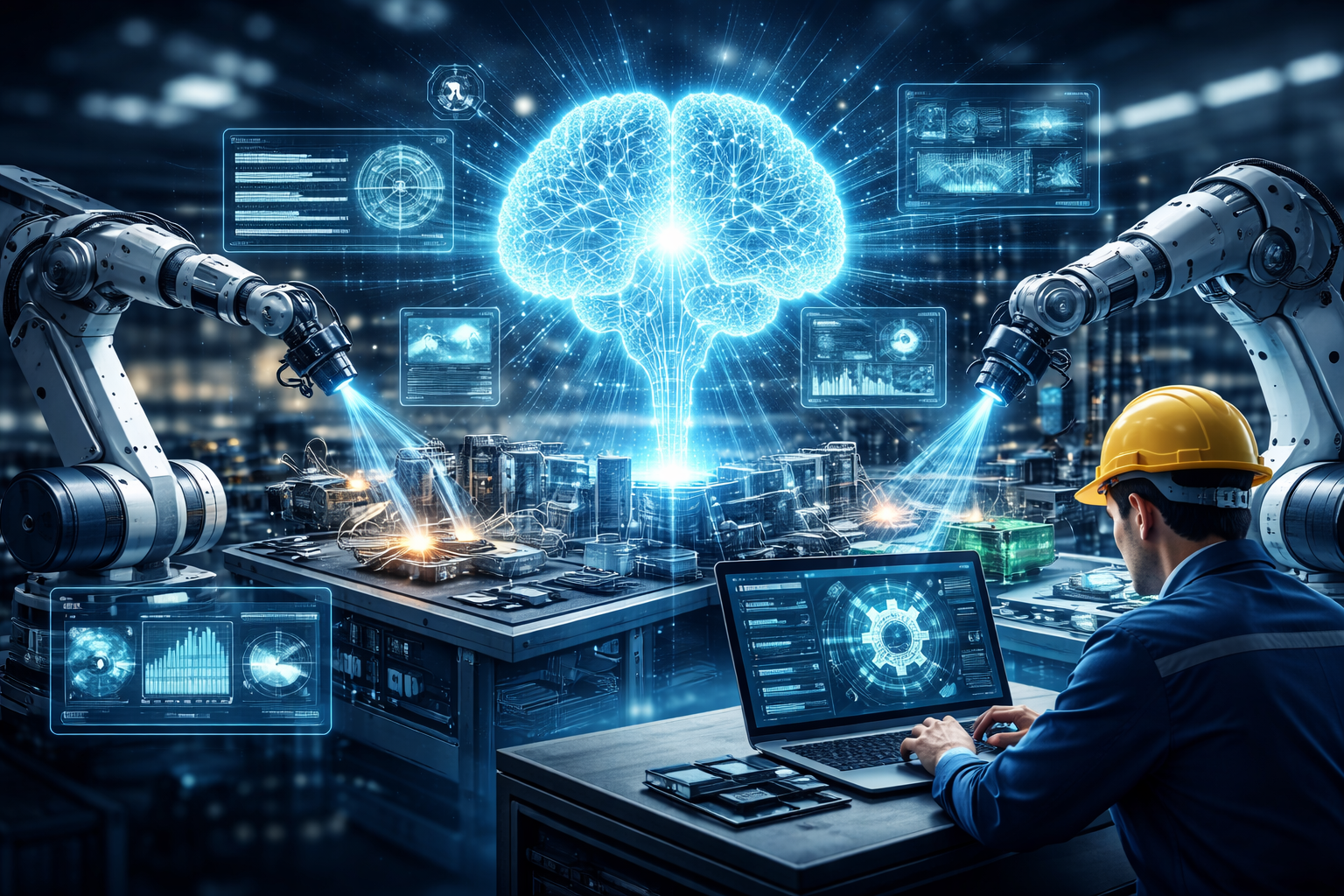 نمودار زیرساخت‌های اصلی یک کارخانه مدرن شامل IoT، AI و سامانه‌های کنترل پیشرفته