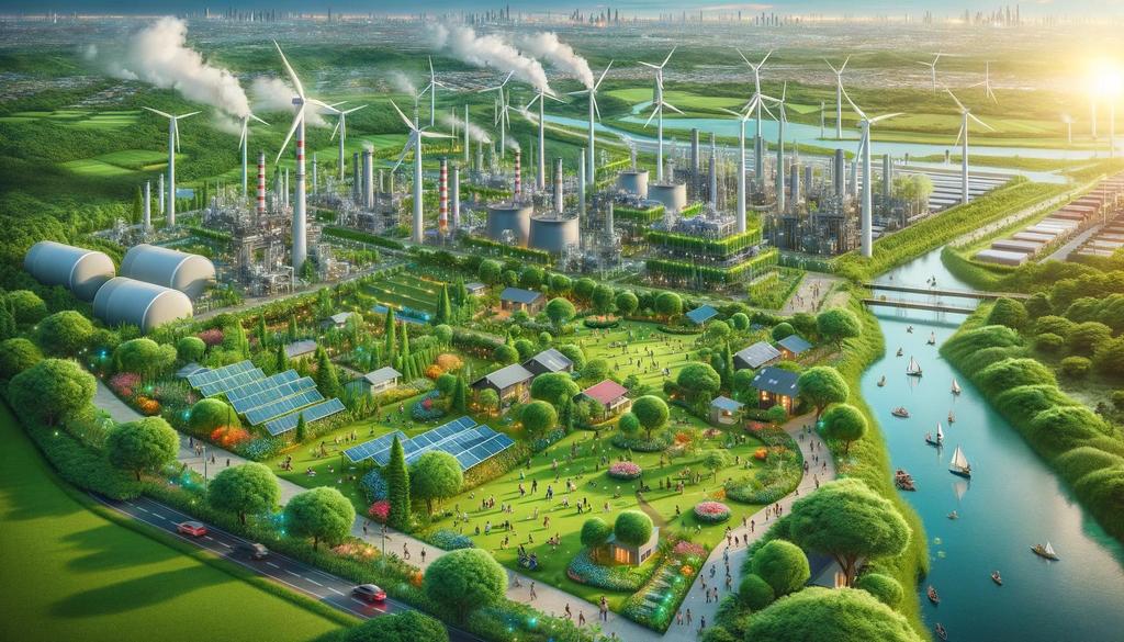 کارخانههای صنعتی سبز با پنلهای خورشیدی و فضای سبز اطراف