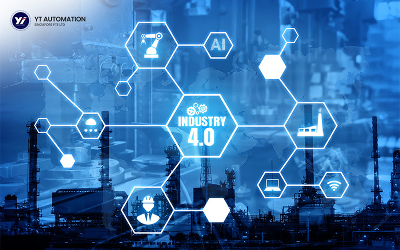 اینفوگرافیک Industry 4.0 نشان‌دهنده ارتباط بین هوش مصنوعی، IoT، روباتیک و تجزیه و تحلیل داده‌ها در یک کارخانه هوشمند