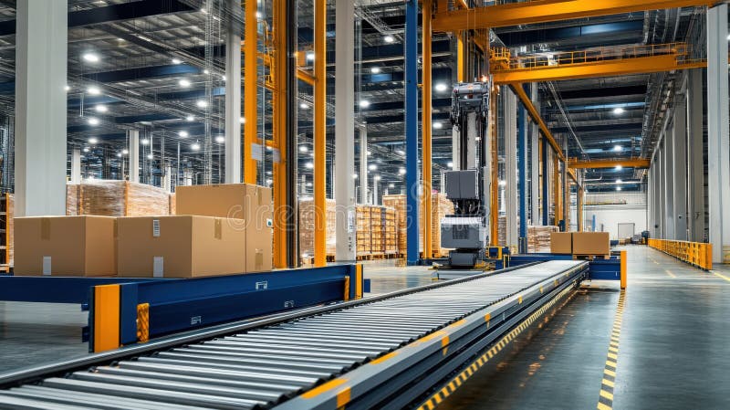 انبار خودکار با نوارهای کنveyor و روبات‌های انتخاب‌کننده در کارخانه FactoryLogistics