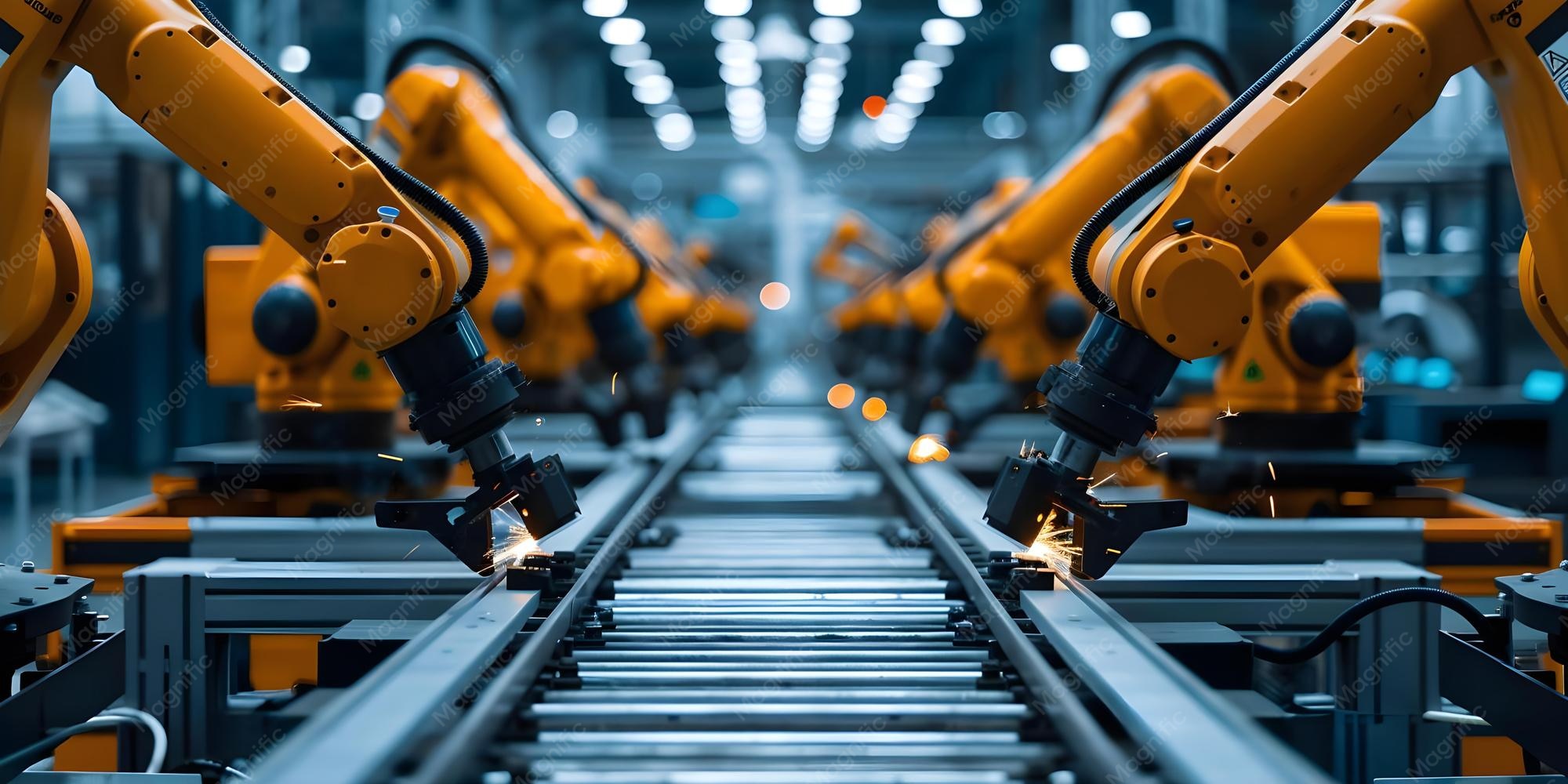 دستگاه‌های رباتیک در خط تولید کارخانه FactoryRobotics که قطعات را به‌صورت خودکار مونتاژ می‌کنند