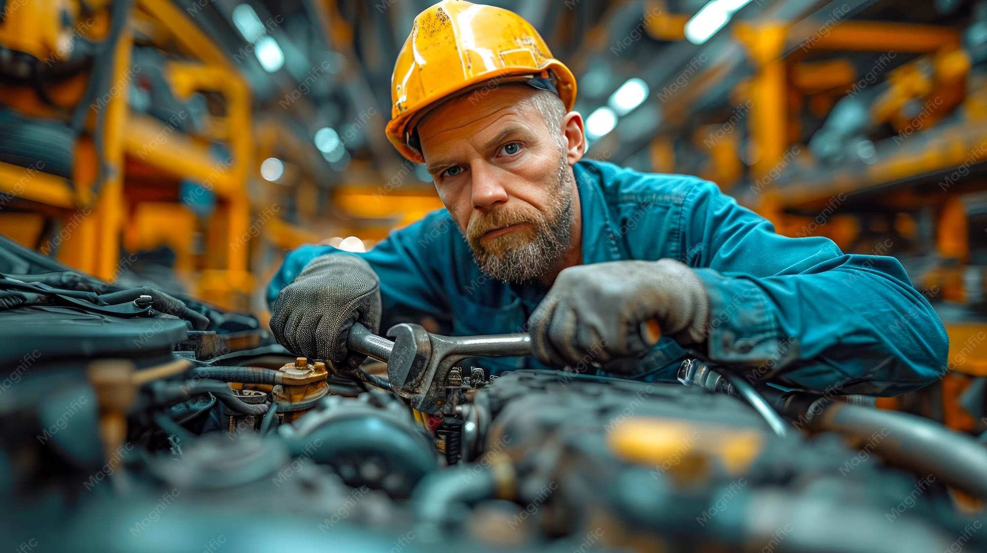 مهندس تعمیرکار در کارگاه صنعتی با تجهیزات ایمنی کامل