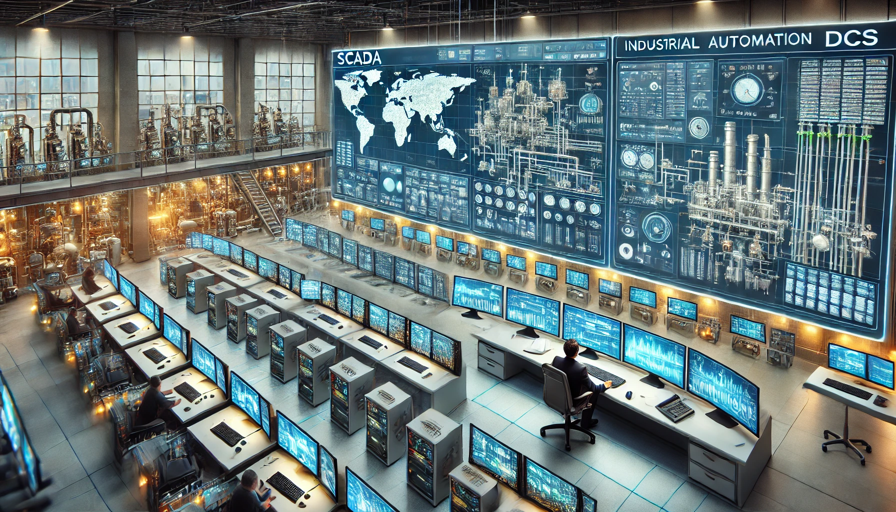 اتاق کنترل صنعتی با نمایشگرهای SCADA و DCS در حال کار