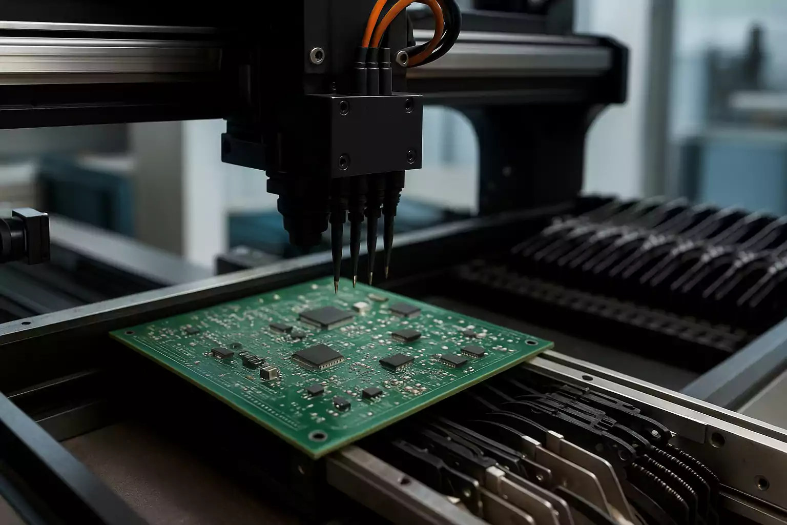 دستگاه Pick-and-Place در خط مونتاژ PCB، نشاندهنده دقت بالا و سرعت تولید