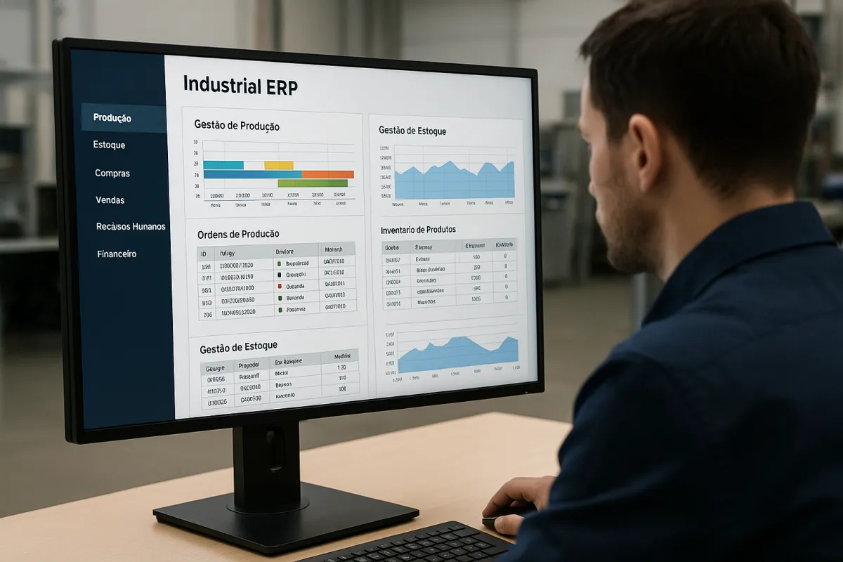 دشمن ERP صنعتی IndustrialERP در یک کارخانه مدرن با نمایش داشبوردهای هوش تجاری