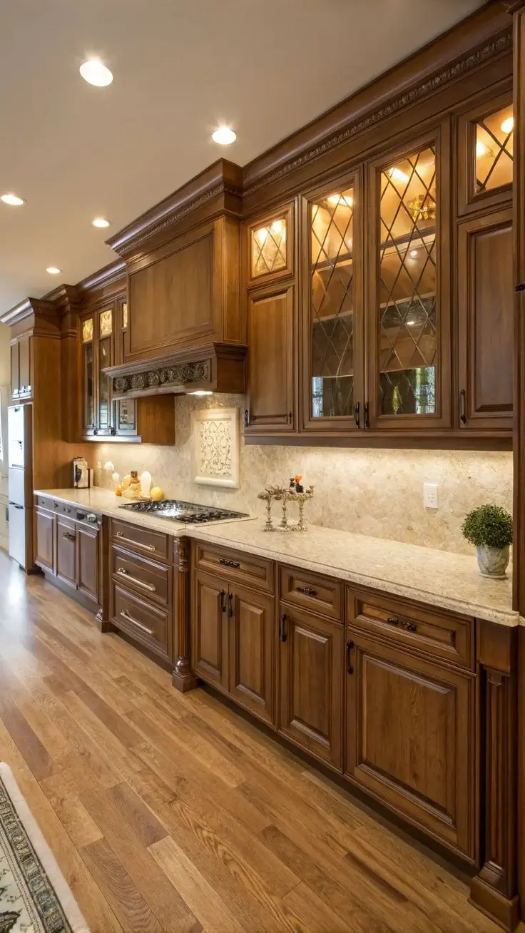 آشپزخانه مدرن با کفپوش روشن و کابینت‌های چوبی